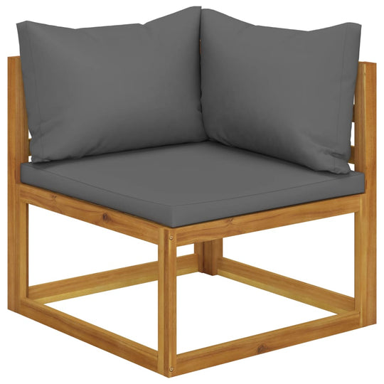 Corner lounge chair with thick gray cushions, made of solid acacia wood, ideal for outdoor furniture and garden settings.