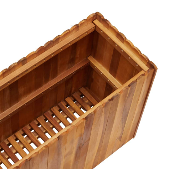 Inside view of a wooden garden raised bed made of solid acacia wood, featuring slatted bottom for drainage and rustic design.