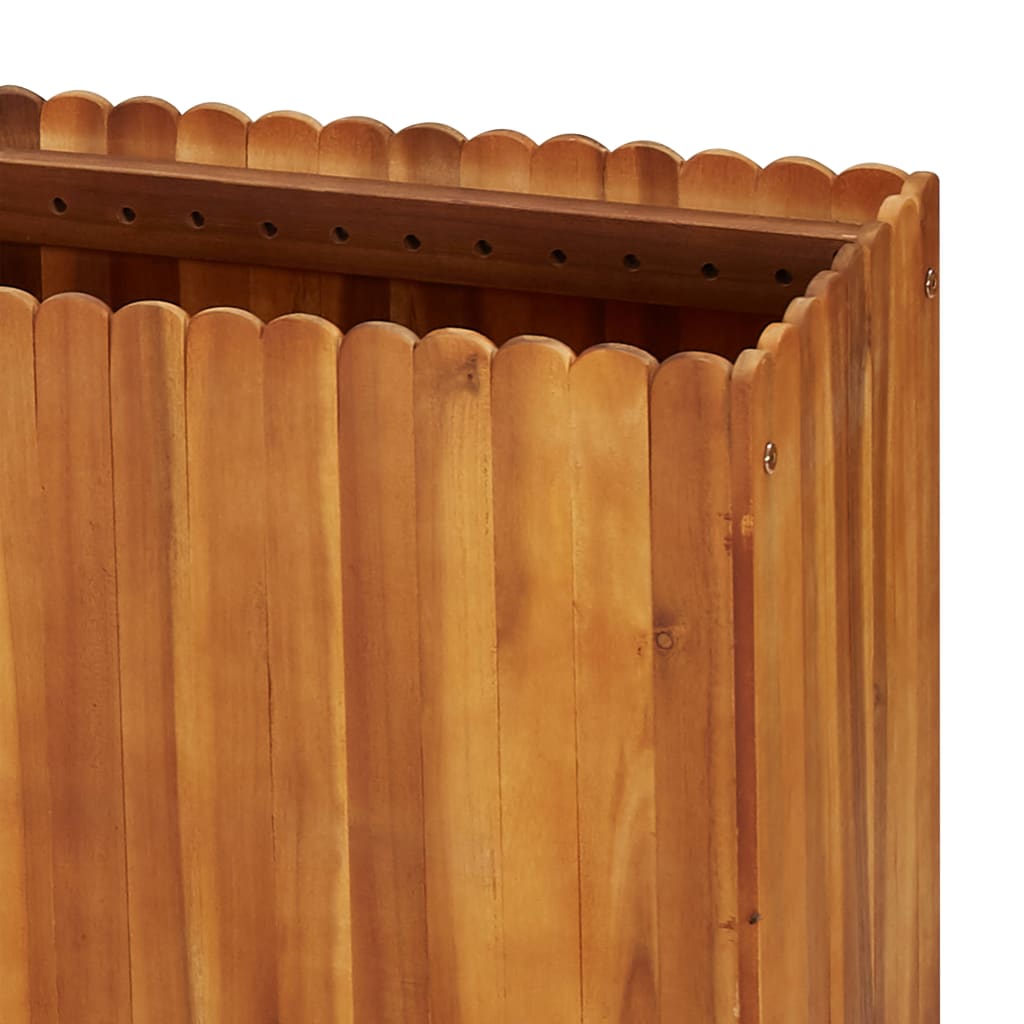 Close-up of the slatted design of a solid acacia wood garden raised bed, perfect for outdoor furniture and gardening.