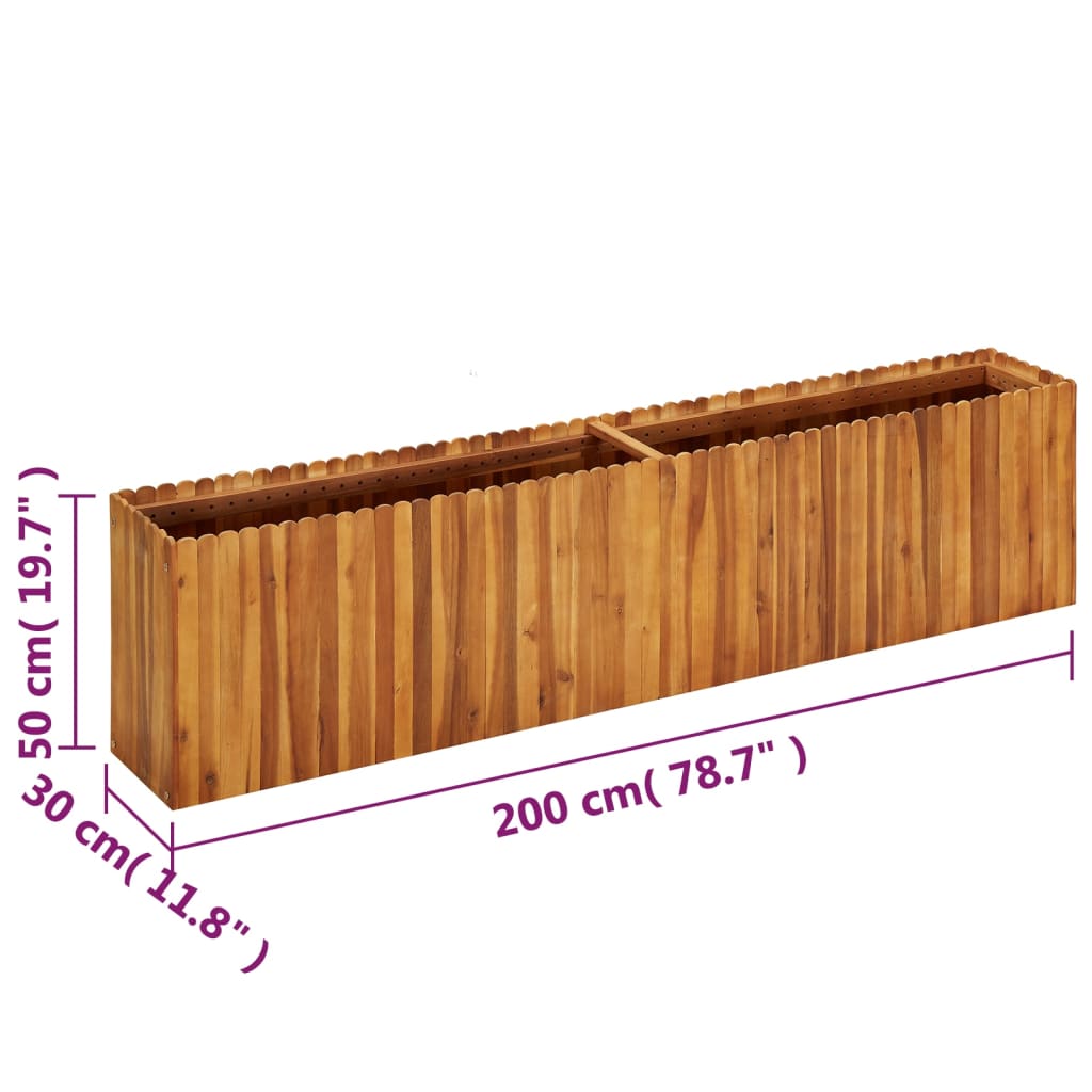 Wooden garden raised bed 200x30x50 cm made of solid acacia wood, perfect for outdoor furniture and DIY gardening.