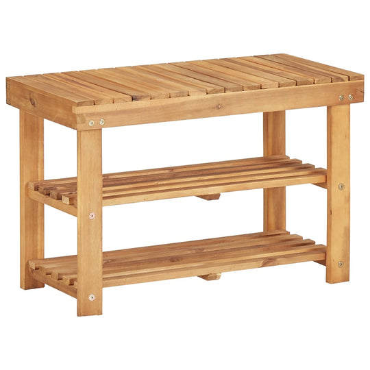 Compact solid acacia wood shoe rack with two shelves, perfect for organizing footwear and adding rustic decor.