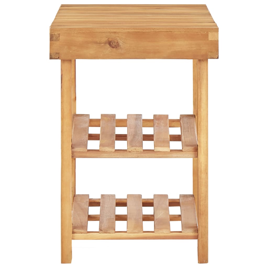 Compact solid acacia wood shoe rack with three slatted shelves for organized footwear storage in a natural finish.