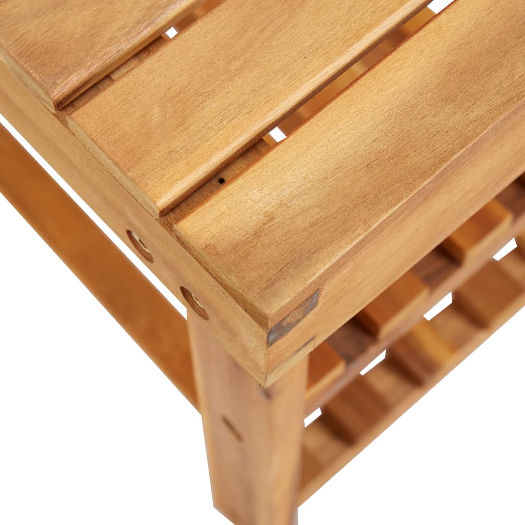 Close-up view of a solid acacia wood shoe rack showcasing its durable slatted design and natural finish, ideal for outdoor furniture.