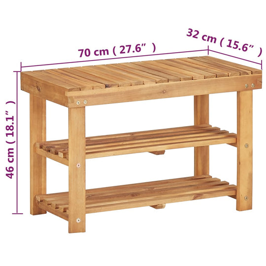 Compact shoe rack made of solid acacia wood, dimensions 70x32x46 cm, perfect for organizing outdoor furniture and decor.