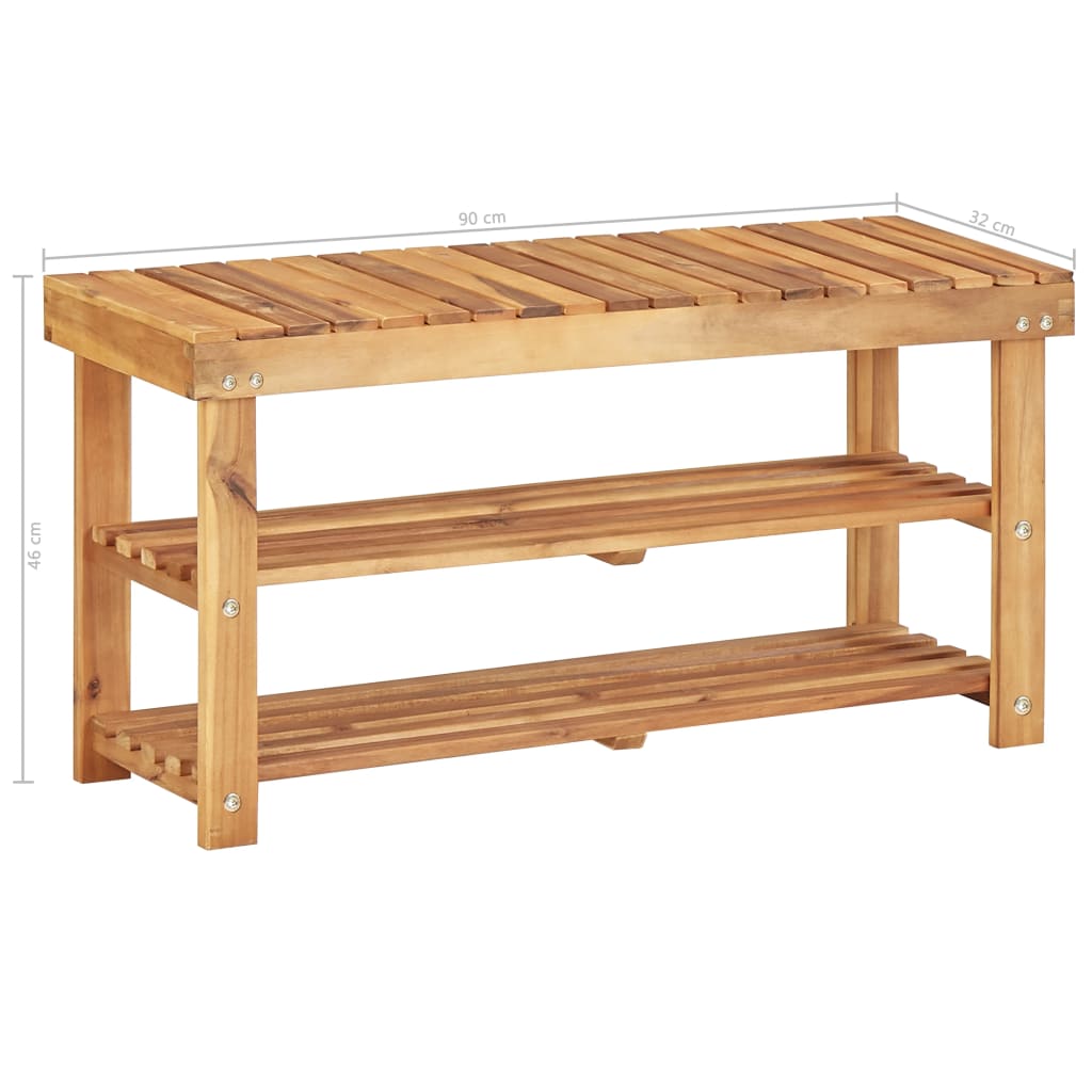 Shoe Rack 90x32x46 cm Solid Acacia Wood with two shelves for organized footwear and a rustic finish.