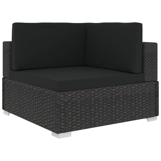 Corner piece of a 5 piece garden lounge set with black cushions and woven poly rattan design for outdoor furniture.