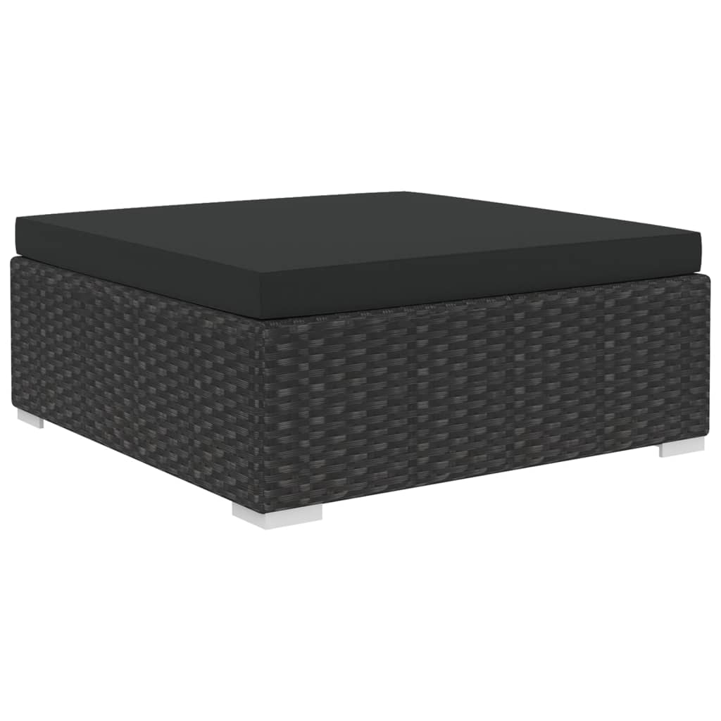 Black poly rattan outdoor lounge coffee table with cushion, stylish and durable garden furniture for patio use.