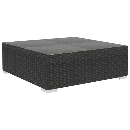 Black poly rattan coffee table with glass top, perfect for outdoor furniture and lounge areas. Weather-resistant and durable design.