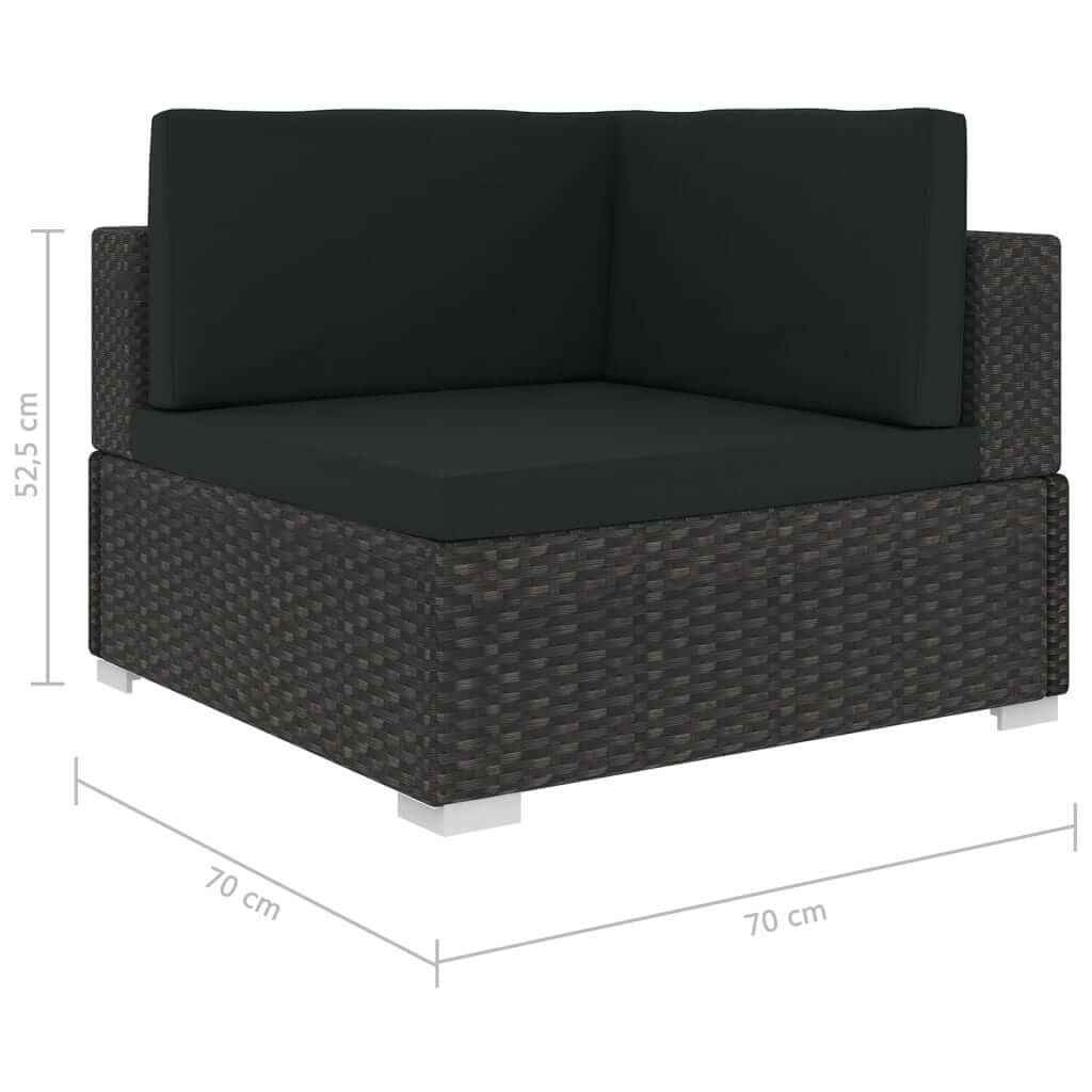 5 Piece Garden Lounge Set corner sofa with black cushions, made of weather-resistant poly rattan, dimensions: 70x70 cm, height 52.5 cm.