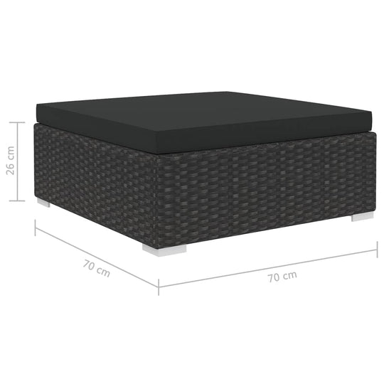 5 Piece Garden Lounge Set square ottoman with black cushion, made of weather-resistant poly rattan, dimensions 70cm x 70cm x 26cm.