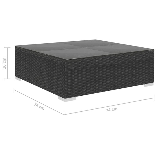 Black poly rattan coffee table, 74x74 cm, height 26 cm, perfect for outdoor lounge furniture set.