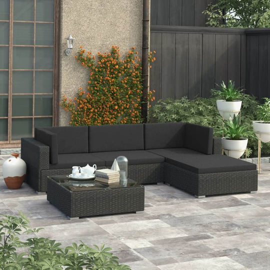 5 Piece Garden Lounge Set with Cushions in Black, perfect for outdoor furniture and garden decor.