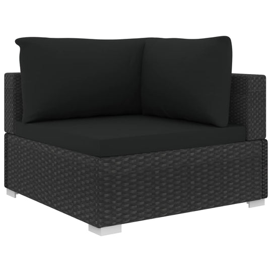 Modern black rattan corner sofa chair with plush cushions, perfect for outdoor lounging and garden furniture, weather-resistant.