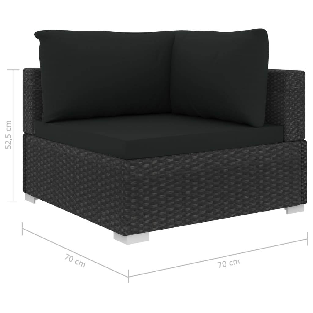 Black rattan corner lounge sofa with cushions, outdoor furniture, 70x70 cm dimensions, stylish and durable design for gardens.