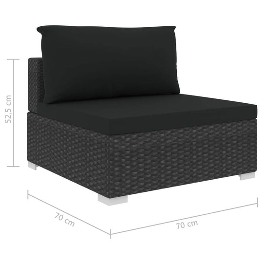 Black poly rattan lounge chair with cushion, weather-resistant outdoor furniture for garden, dimensions 70x70 cm.