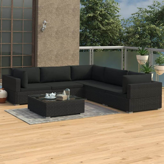 6 piece black poly rattan garden lounge set with cushions and coffee table, ideal outdoor furniture for patio or garden use.