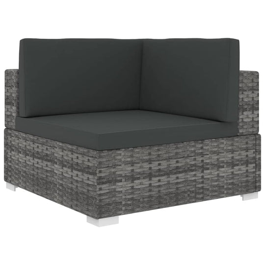 Sectional corner chair with grey poly rattan and cushions, perfect for outdoor use, featuring a sturdy frame and sleek design.