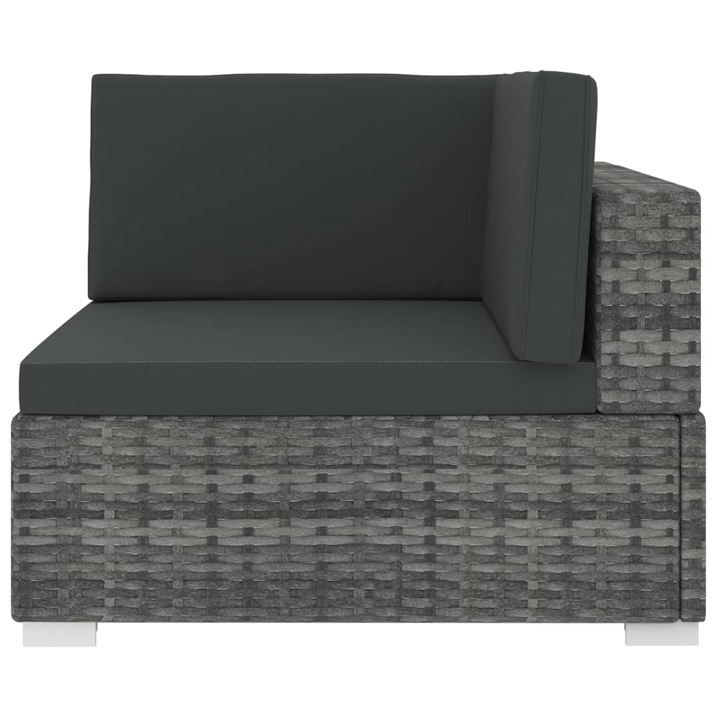 Sectional corner chair with grey cushions and poly rattan weave, ideal for outdoor use and modular flexibility.