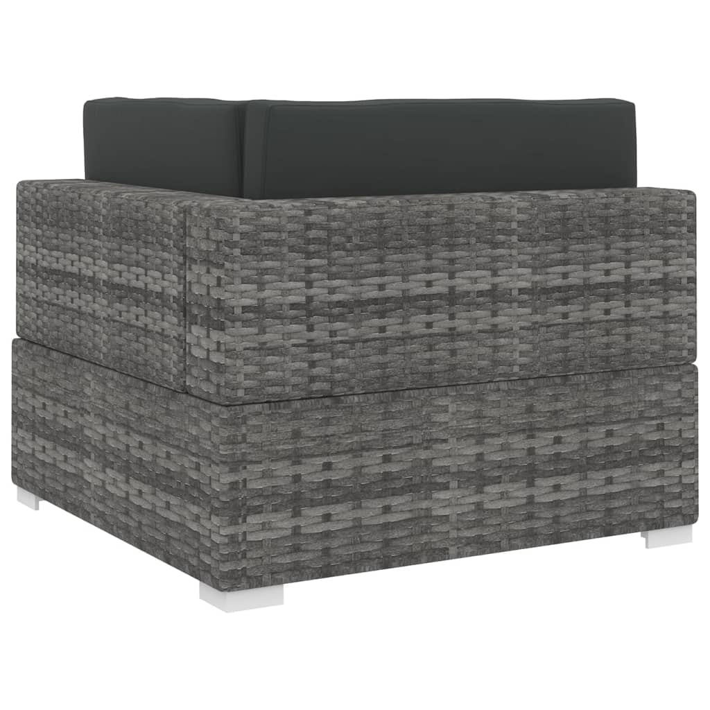 Sectional corner chair with grey poly rattan and dark cushions, designed for outdoor use and weather-resistant.