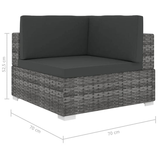 Sectional corner chair with grey cushions, made of poly rattan, dimensions 70cm x 70cm x 52.5cm, suitable for outdoor use.