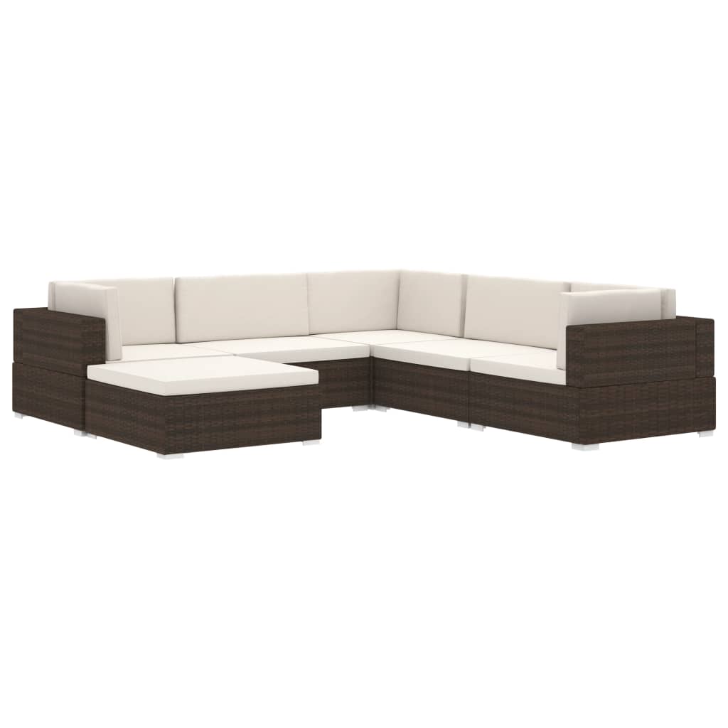 Sectional corner chair with cream cushions, designed for outdoor use, made of weather-resistant poly rattan in brown.