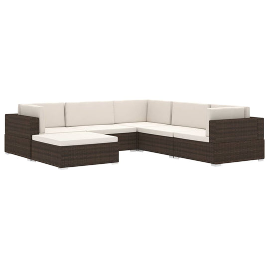 Outdoor sectional sofa with cream cushions and dark rattan finish, perfect for patio or garden furniture.