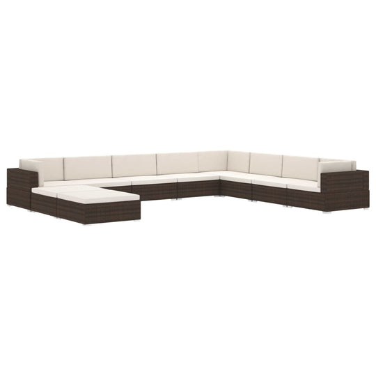 Grey poly rattan sectional footrest and sofa set with plush cushions for modern outdoor furniture.