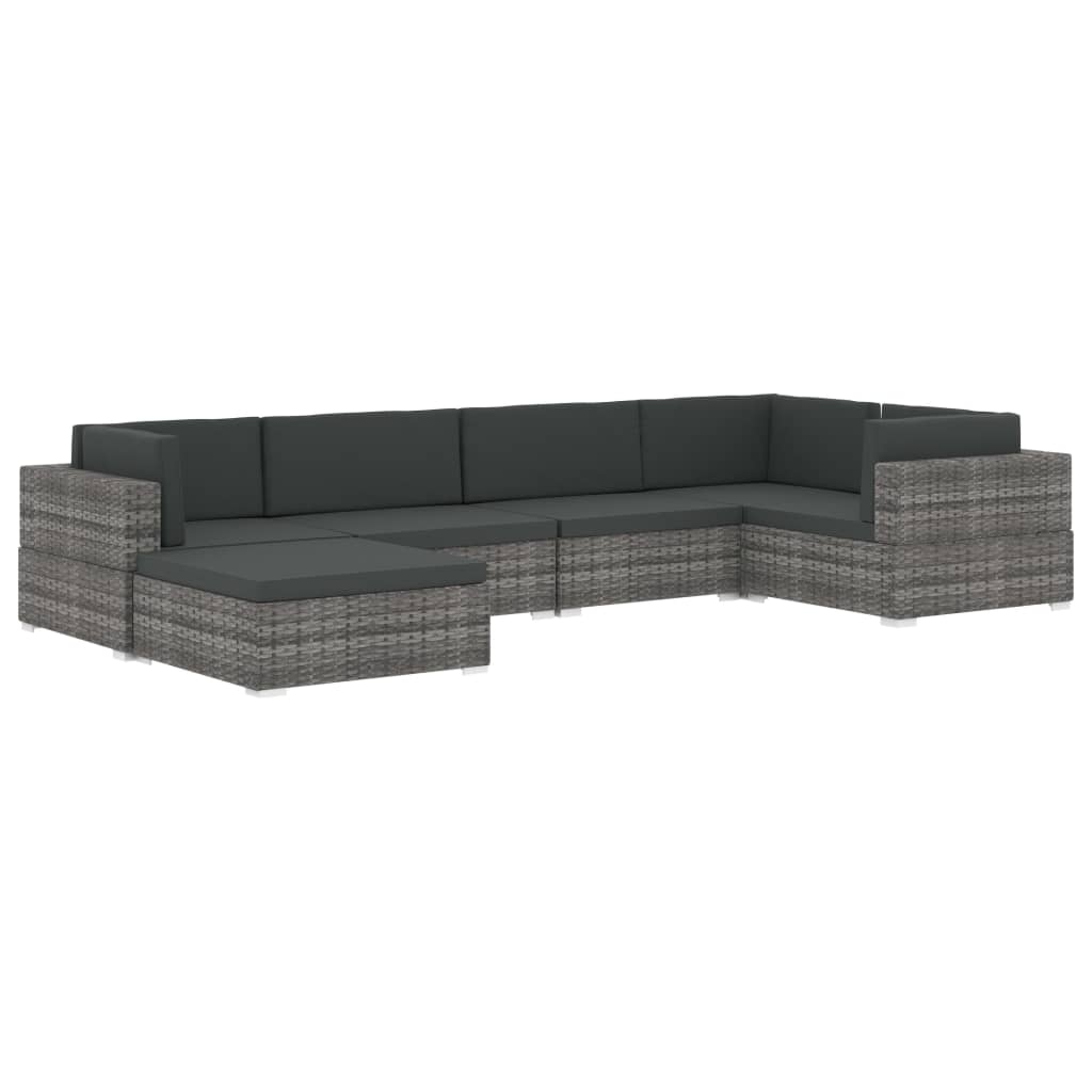 Grey poly rattan sectional sofa with cushions, ideal for outdoor furniture, stylish and durable for year-round use.