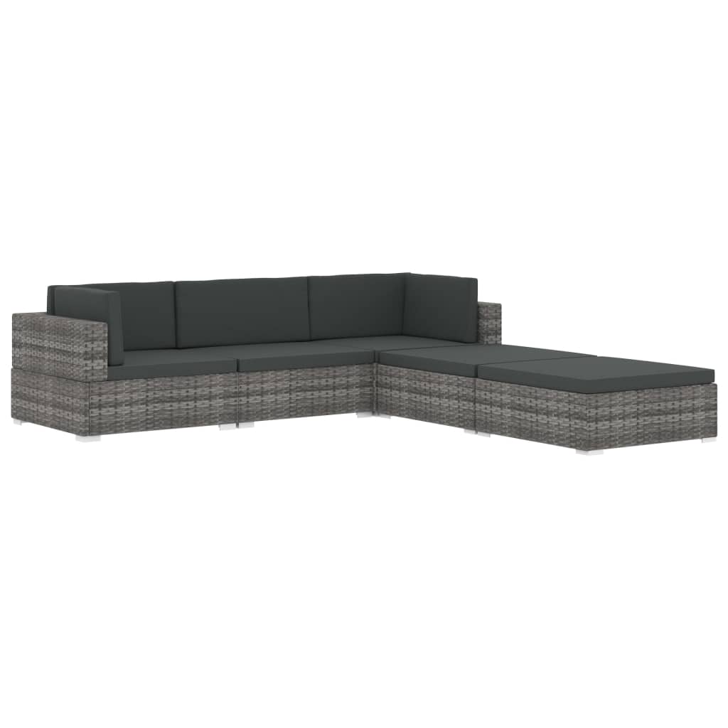 Grey poly rattan sectional sofa with cushions, perfect for stylish outdoor furniture and flexible seating.