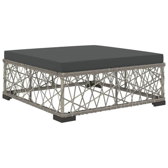 Grey cushioned outdoor coffee table with stylish poly rattan base, perfect for garden or patio furniture set.