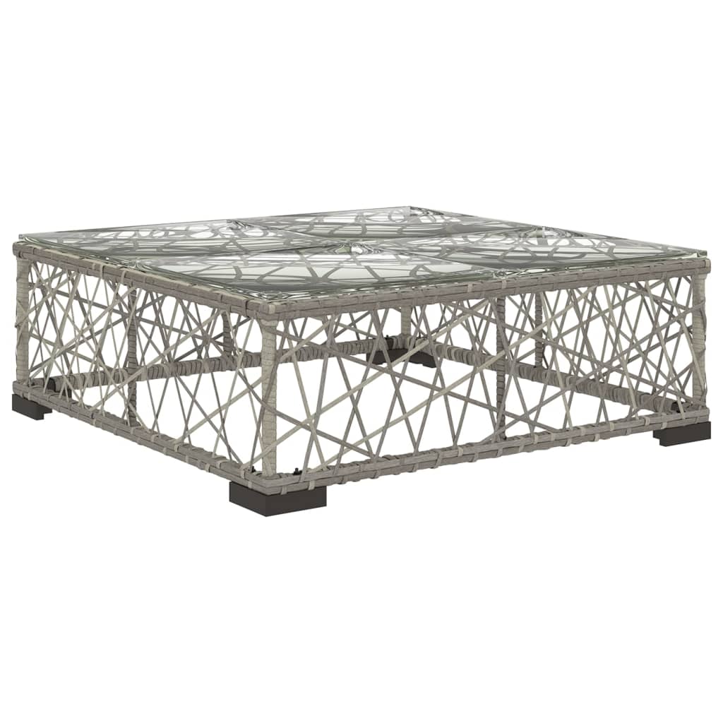 Grey rattan outdoor coffee table with glass top, perfect for garden or patio settings, combining style and durability.