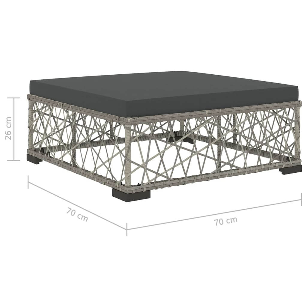 5 Piece Garden Lounge Set square coffee table with grey cushion, made from weather-resistant poly rattan and durable steel frame.