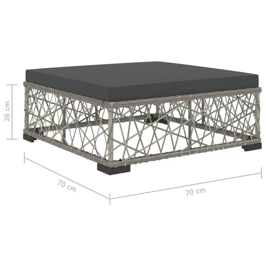 5 Piece Garden Lounge Set square coffee table with grey cushion, made from weather-resistant poly rattan and durable steel frame.