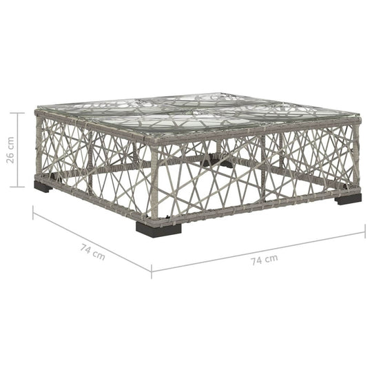 Square coffee table with glass top and rattan design, 74 cm dimensions, perfect for outdoor lounge furniture.