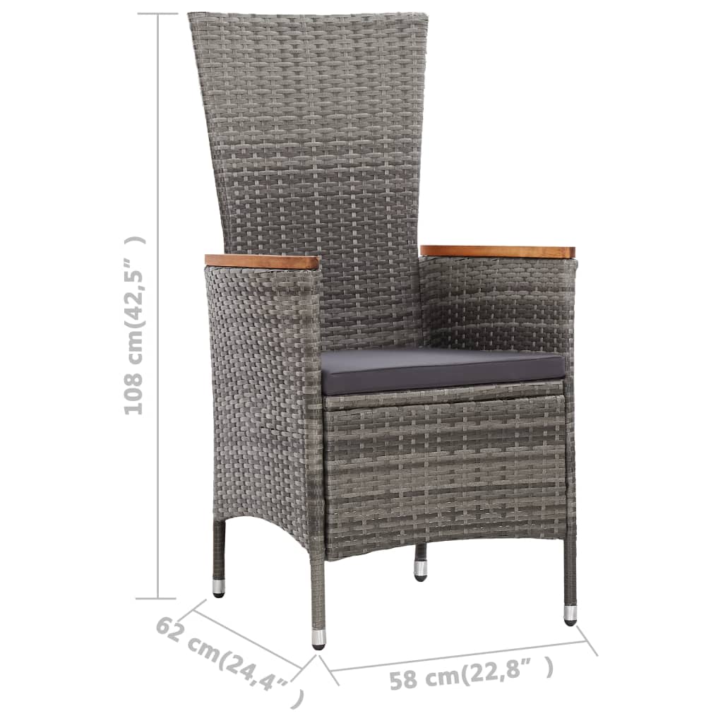 Stylish grey poly rattan high-back chair with wooden armrests, ideal for outdoor furniture and garden dining.