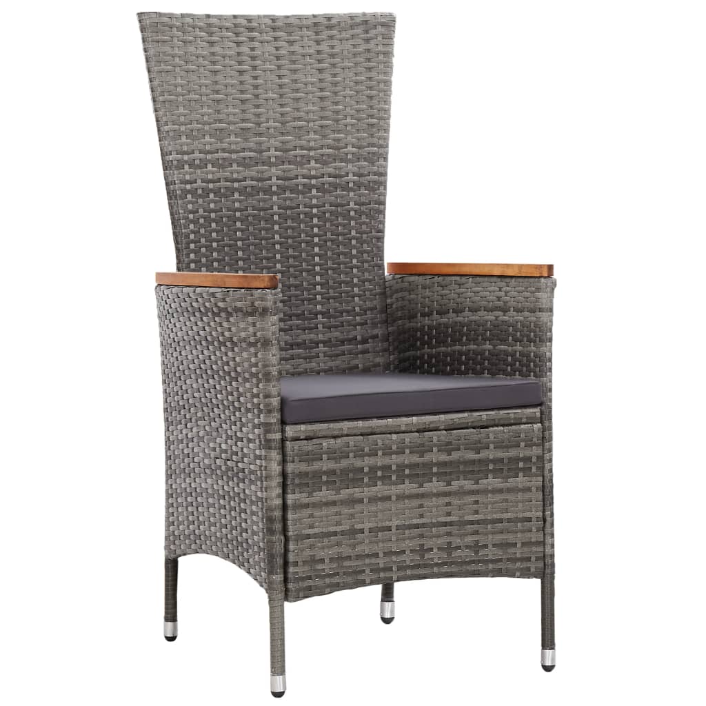 Elegant grey rattan dining chair with high back and cushion for outdoor furniture, featuring wooden armrests and durable design.