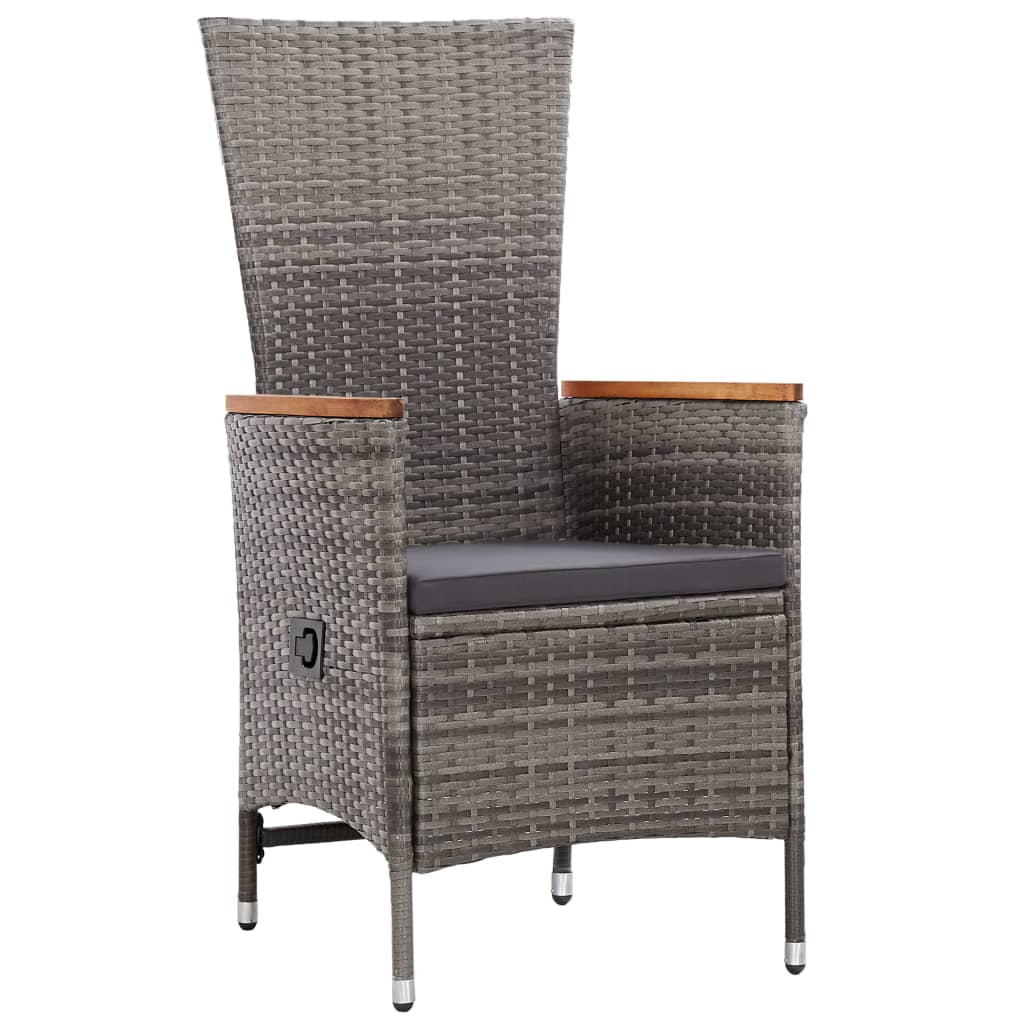 Elegant grey rattan dining chair with high back, cushion, and wooden armrests, perfect for outdoor furniture setups.