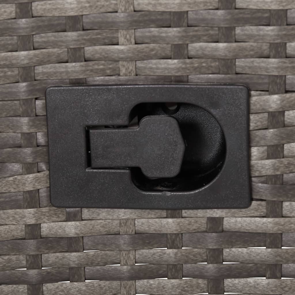 Close-up of the locking mechanism on poly rattan outdoor furniture in grey woven design.