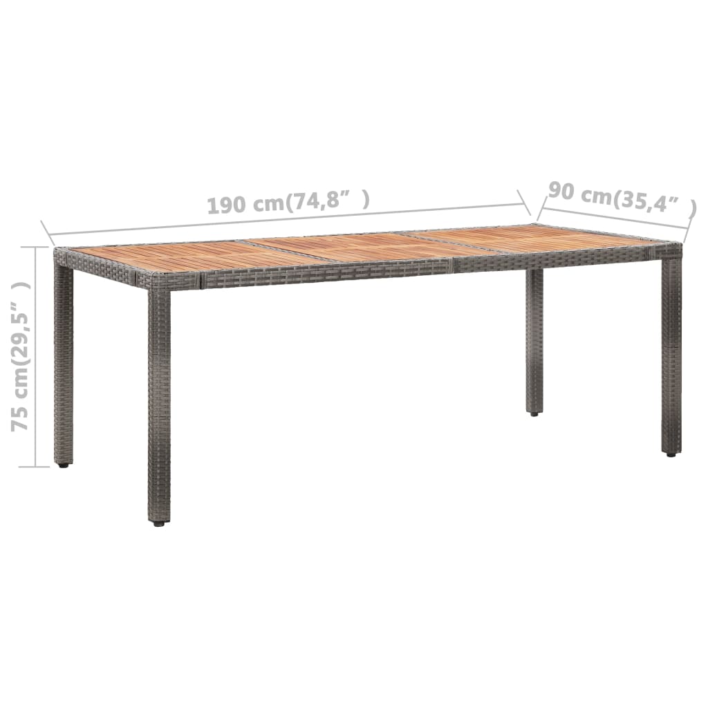 Dimensions of a stylish poly rattan outdoor dining table, 190 cm x 90 cm, perfect for garden and patio use.