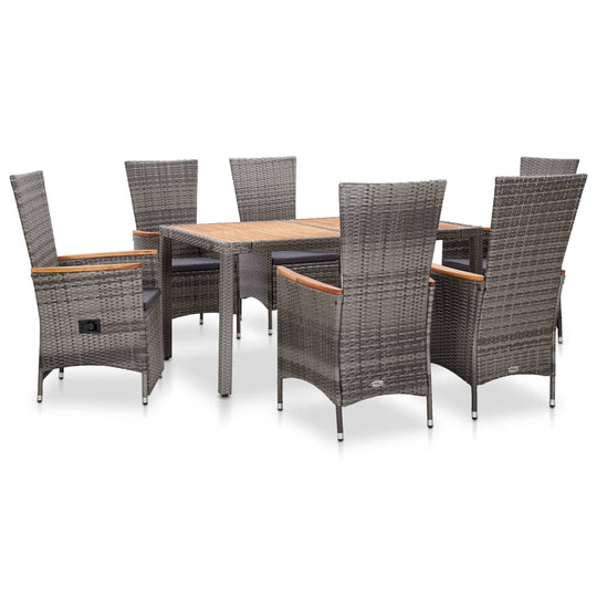 7 piece outdoor dining set with grey poly rattan chairs and table, ideal for al fresco dining and garden relaxation.