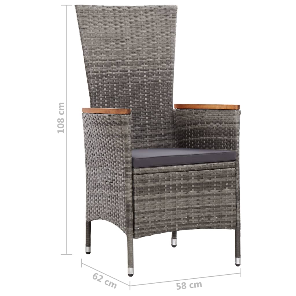 Stylish grey poly rattan outdoor chair with armrests and cushions, perfect for relaxing in the garden or patio.