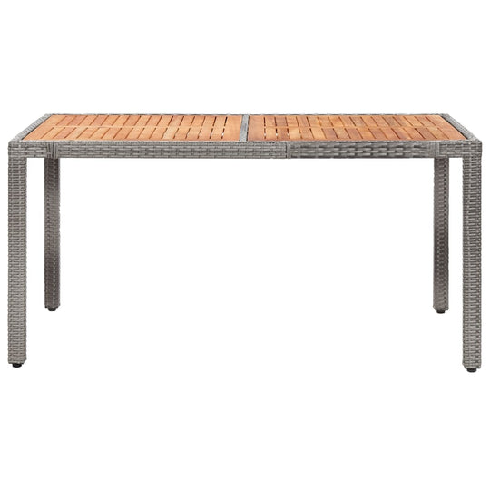 7 piece gray poly rattan outdoor dining table with wooden slatted top, perfect for garden or patio lounging and dining.