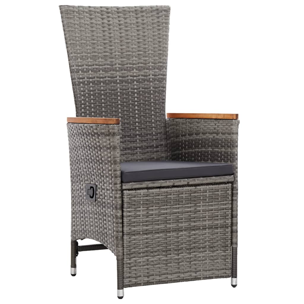 Elegant grey poly rattan outdoor chair with cushioned seat and wooden armrests, perfect for garden or patio use.