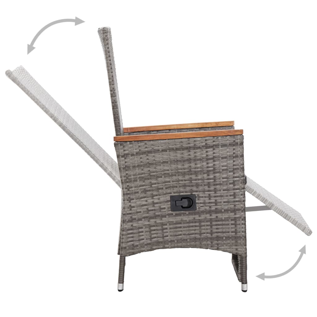 Grey poly rattan sofa chair with adjustable recline and wooden armrests, ideal for outdoor lounge furniture.