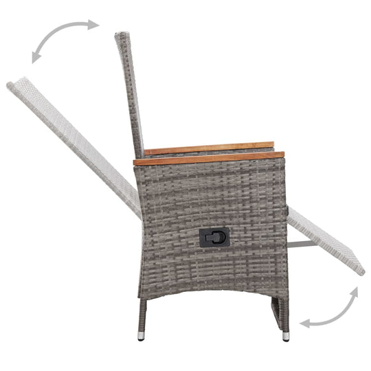 Grey poly rattan sofa chair with adjustable recline and wooden armrests, ideal for outdoor lounge furniture.