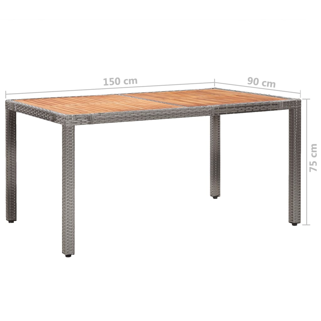 Rectangular dining table made of poly rattan with wooden top, measuring 150cm x 90cm x 75cm, ideal for outdoor furniture.