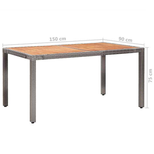 Rectangular dining table made of poly rattan with wooden top, measuring 150cm x 90cm x 75cm, ideal for outdoor furniture.