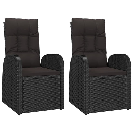 Reclining Garden Chairs 2 pcs with Cushions Poly Rattan in black with plush cushions for comfort and style.
