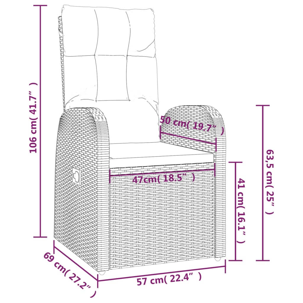 Reclining Garden Chairs 2 pcs with Cushions Poly Rattan dimensions diagram showing measurements and features.