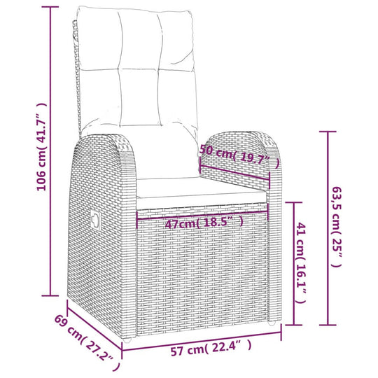 Reclining Garden Chairs 2 pcs with Cushions Poly Rattan dimensions diagram showing measurements and features.